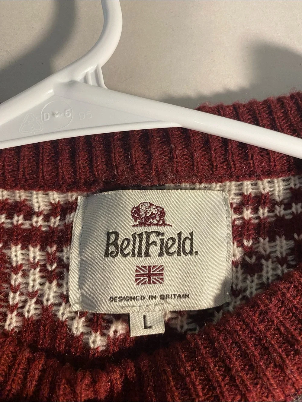 Bellfield Wool Blend Burgundy and Cream Fair Isle Nordic Crewneck Sweater